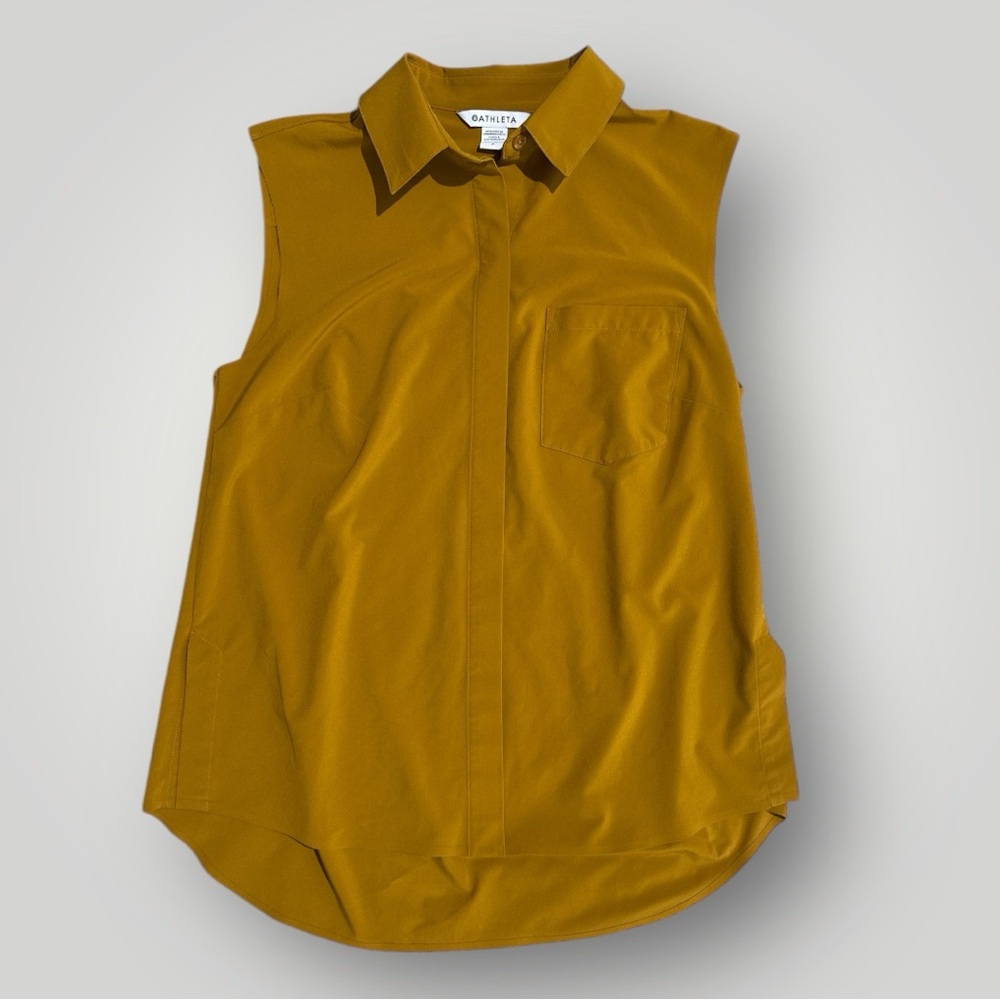 Athleta Sleeveless Button Up Blouse Women's Sm Mustard Yellow Stretch Woven Top